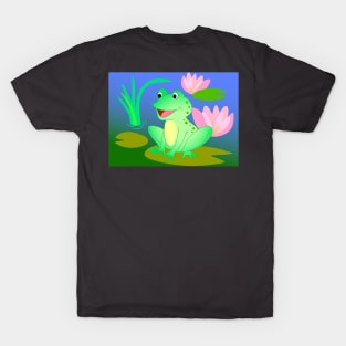 bright cheerful frog on a pond with lilies T-Shirt